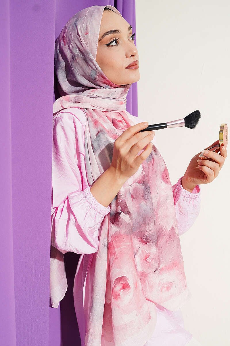 Ebruli Çiçekli Bambu Kraş Şal Pembe