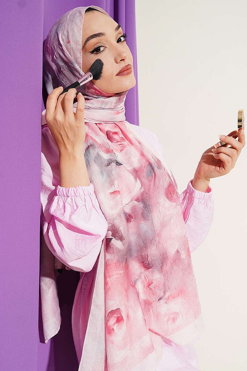 Ebruli Çiçekli Bambu Kraş Şal Pembe