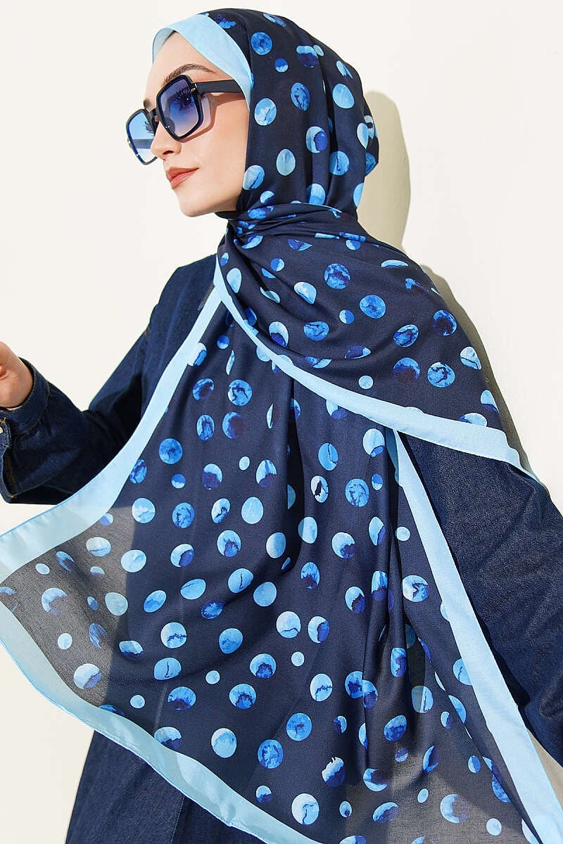 Ebruli Puantiye Desen Şal Lacivert