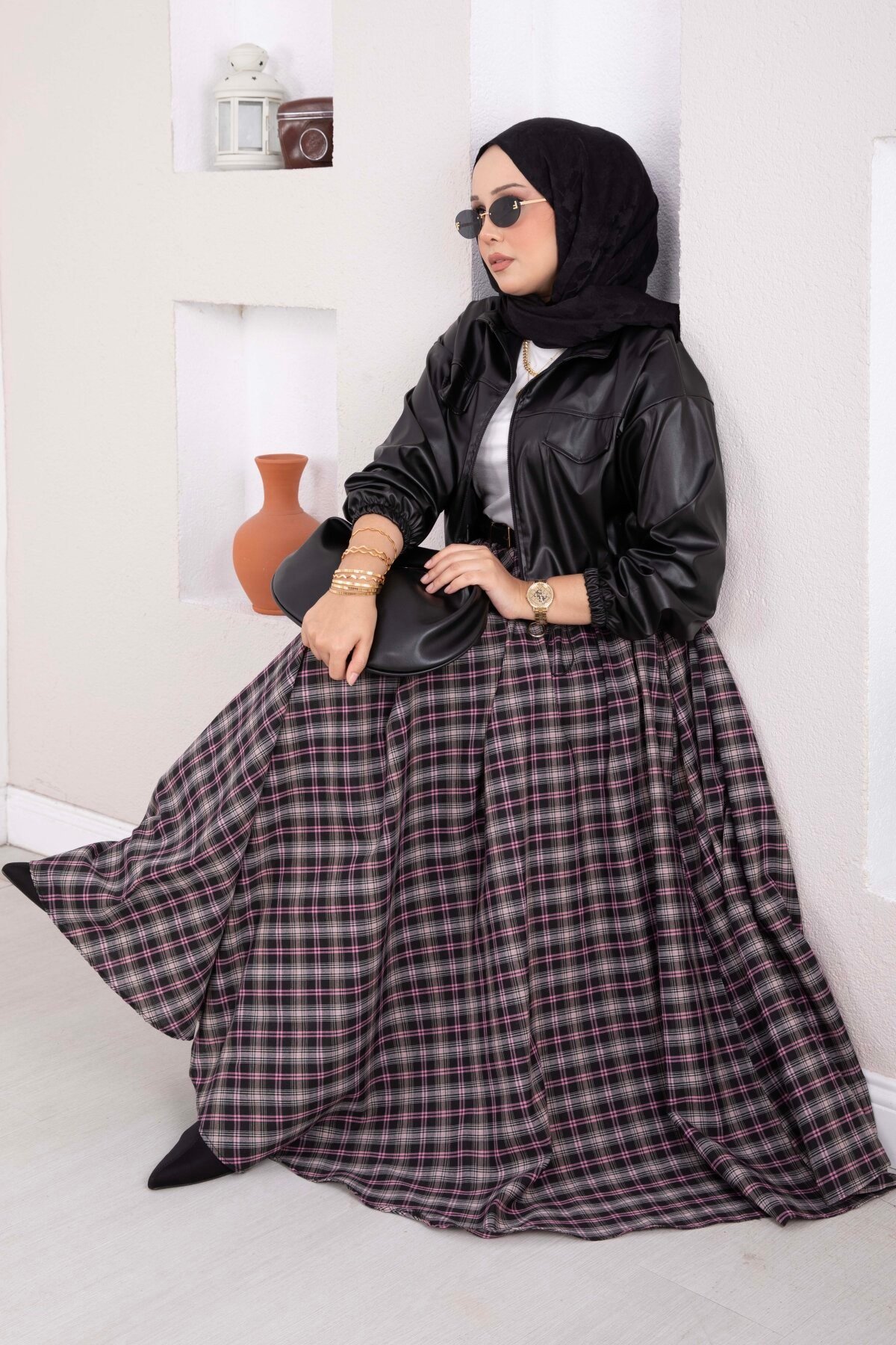 Ekose Desen Kloş Etek Siyah