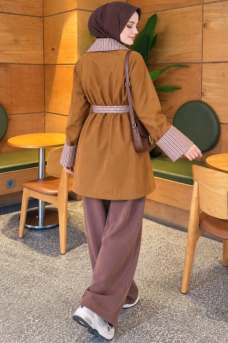 Ekose Yakalı Araboy Trençkot Camel