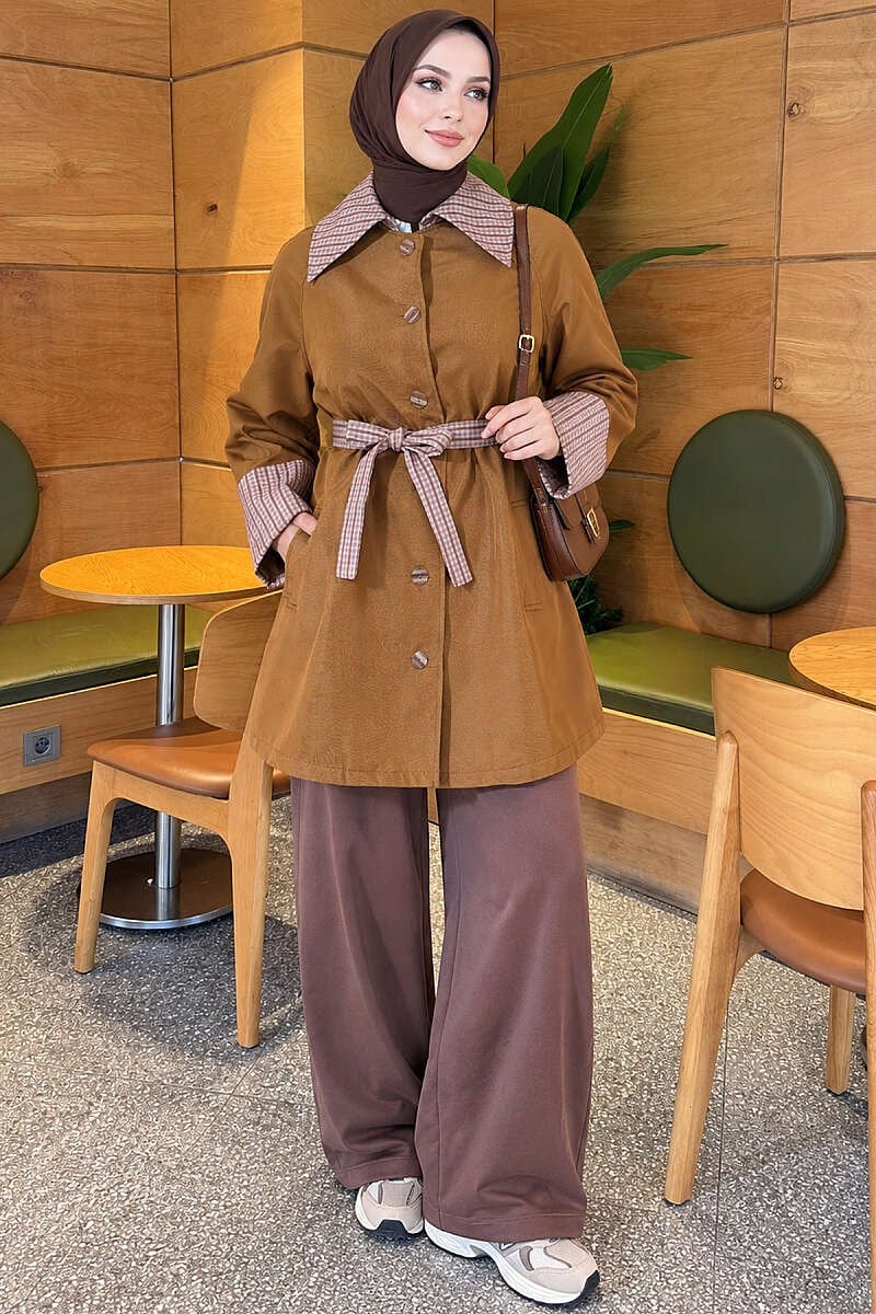 Ekose Yakalı Araboy Trençkot Camel