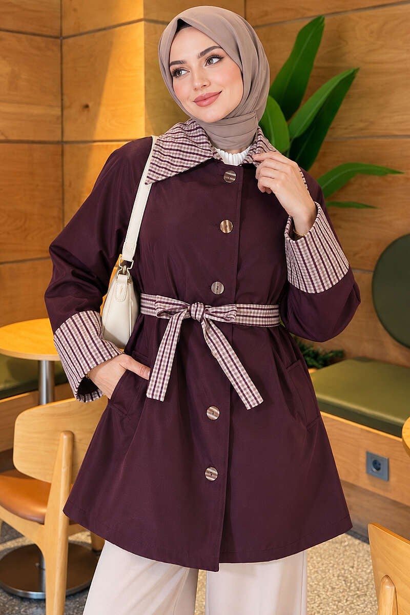 Ekose Yakalı Araboy Trençkot Mürdüm