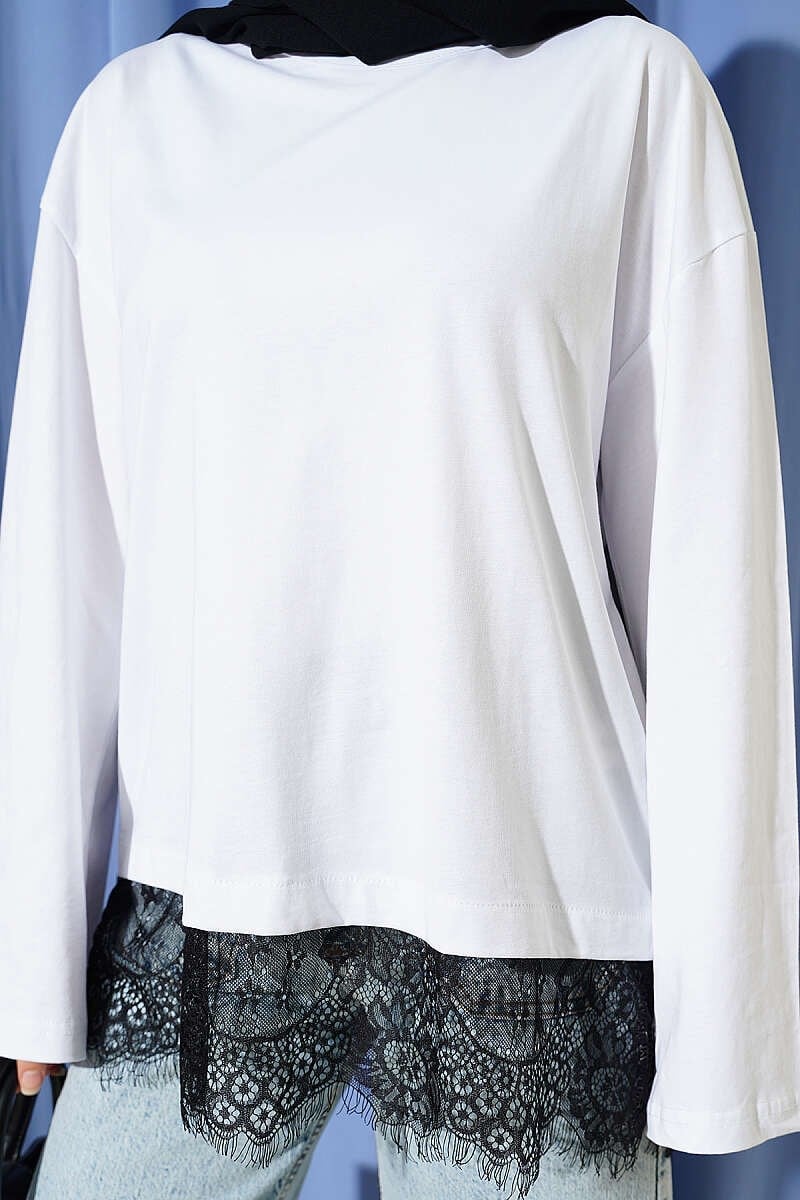 Etek Ucu Dantelli Basic Tunik Beyaz