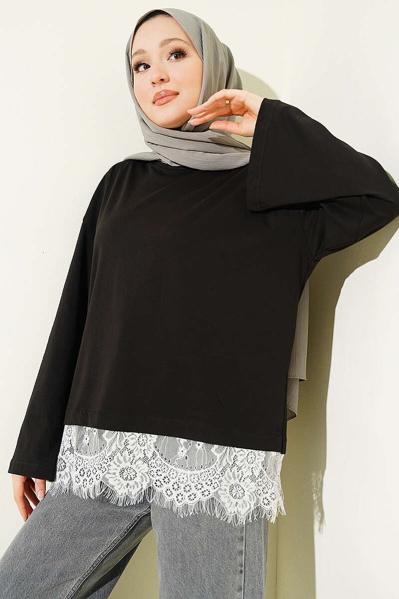 Etek Ucu Dantelli Basic Tunik Siyah