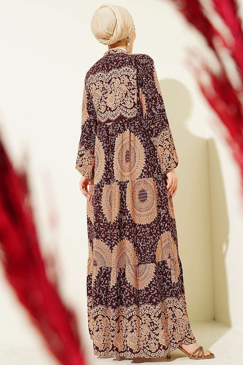Etnik Motif Desen Hakim Yaka Elbise Bordo