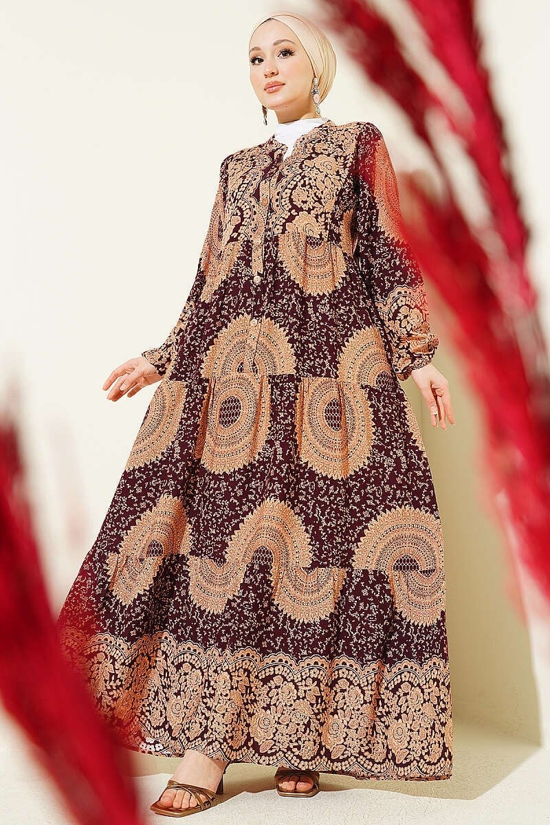 Etnik Motif Desen Hakim Yaka Elbise Bordo