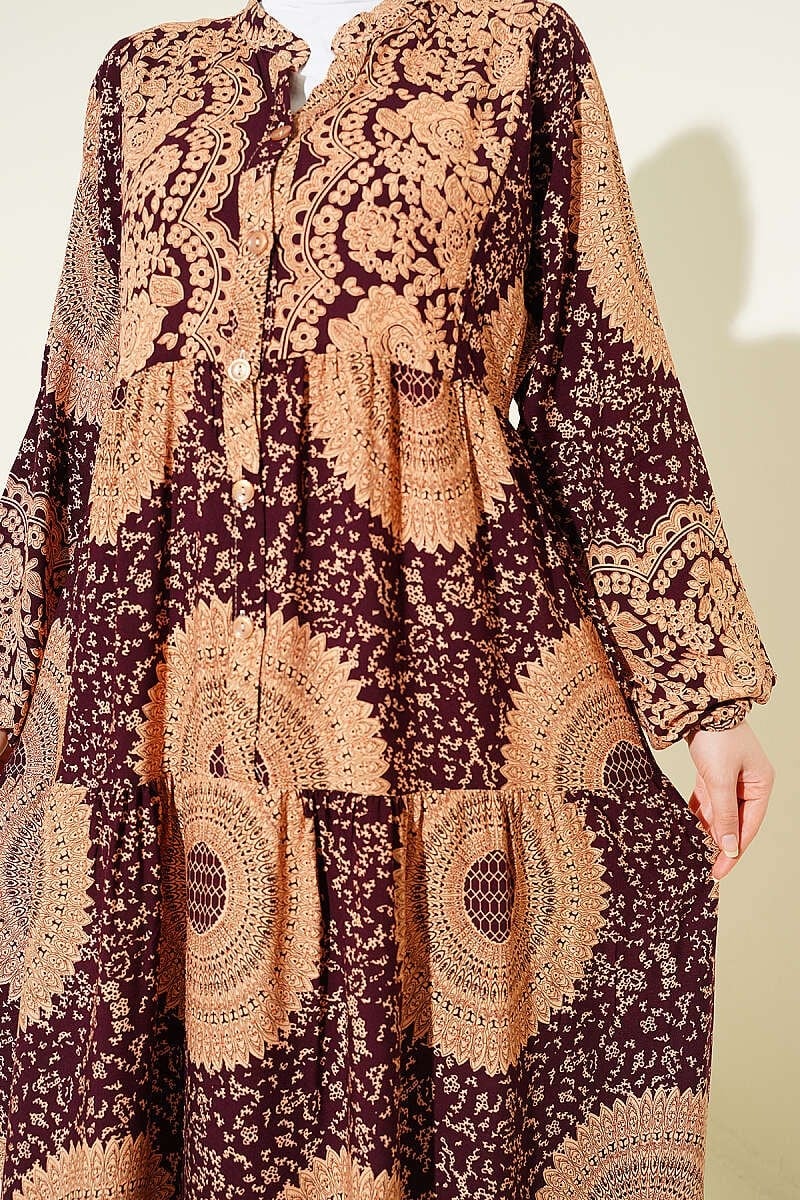 Etnik Motif Desen Hakim Yaka Elbise Bordo