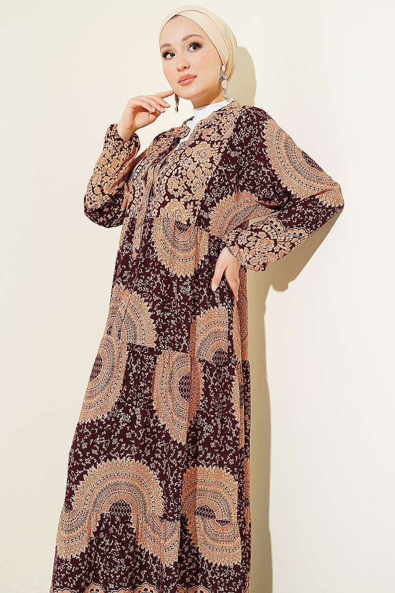 Etnik Motif Desen Hakim Yaka Elbise Bordo