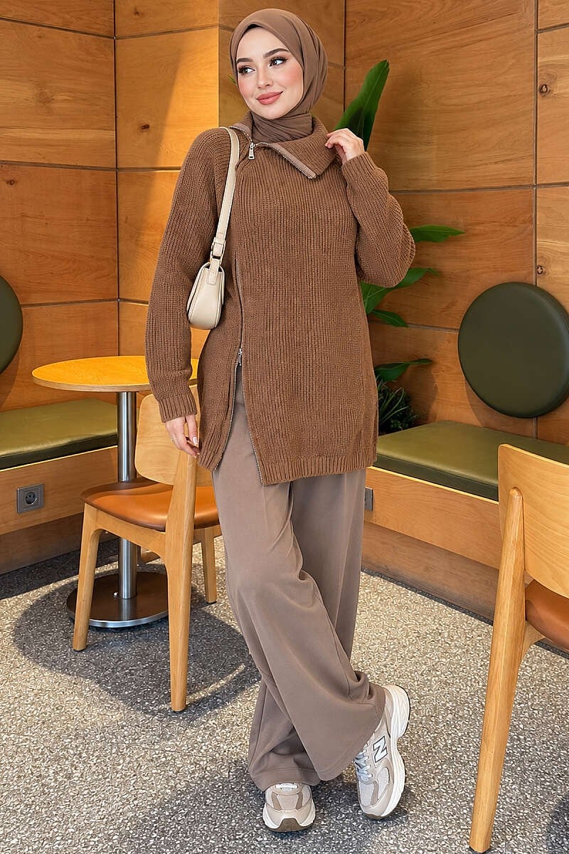 Fermuar Detaylı Triko Tunik Latte