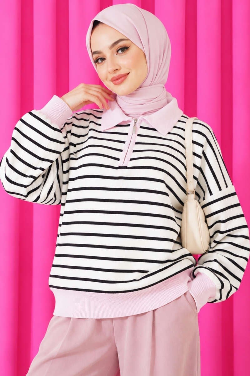 Fermuar Yaka Çizgili Triko Tunik Pembe