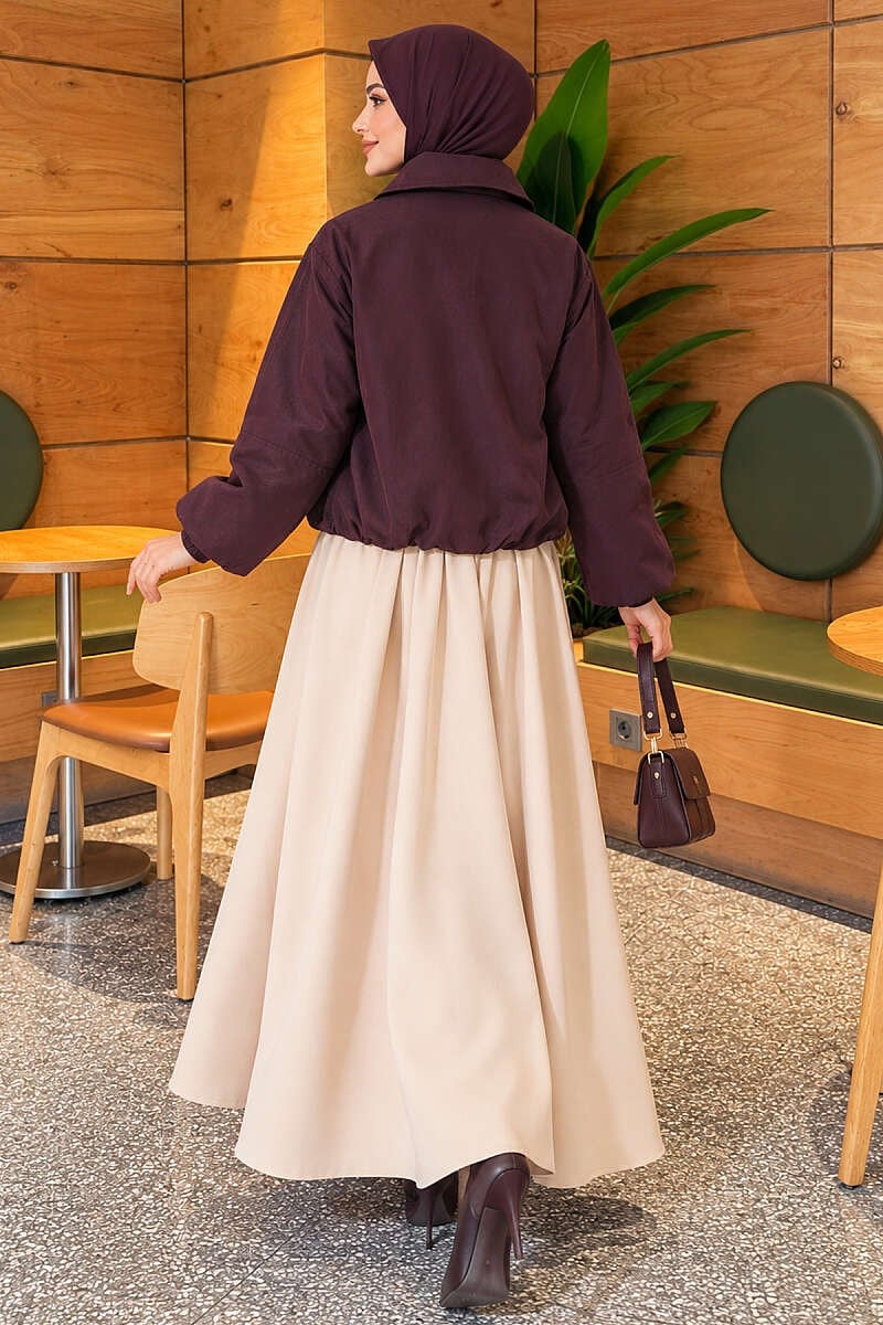 Fermuarlı Çıtçıtlı Kısa Ceket Mürdüm