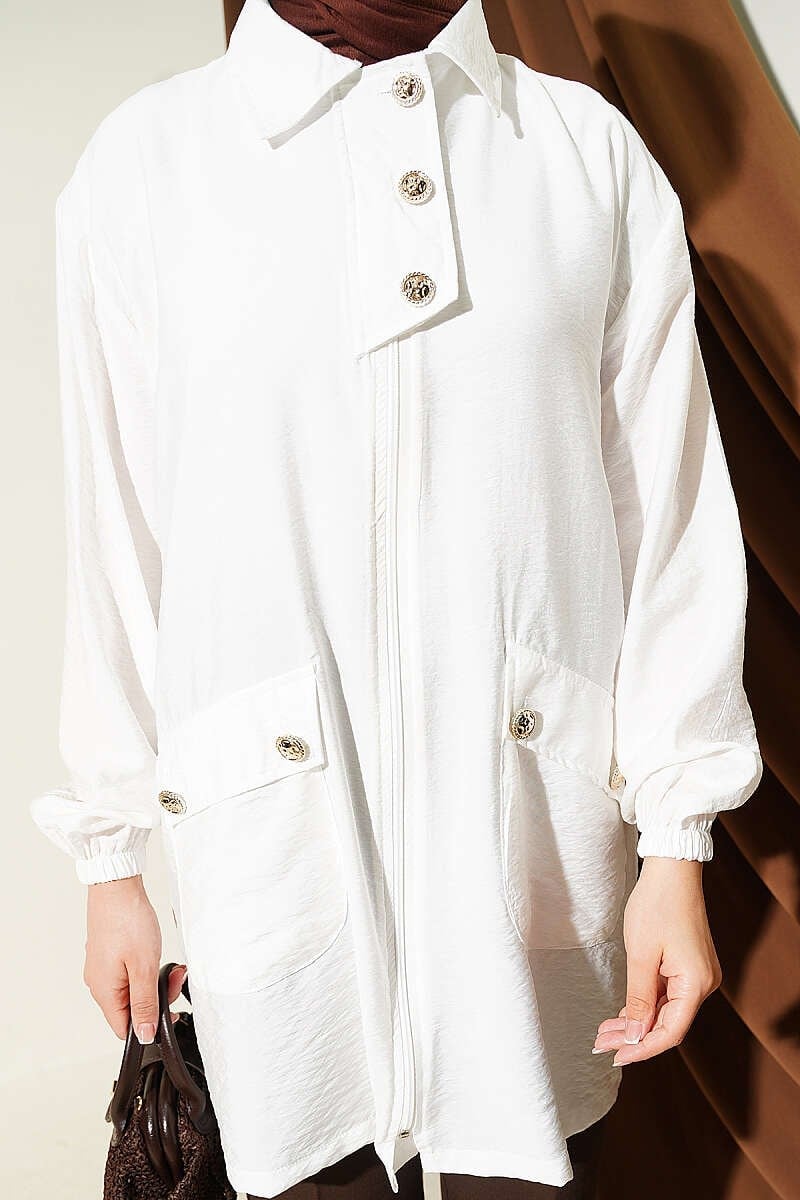 Fermuarlı Gömlek Yaka Kap Beyaz