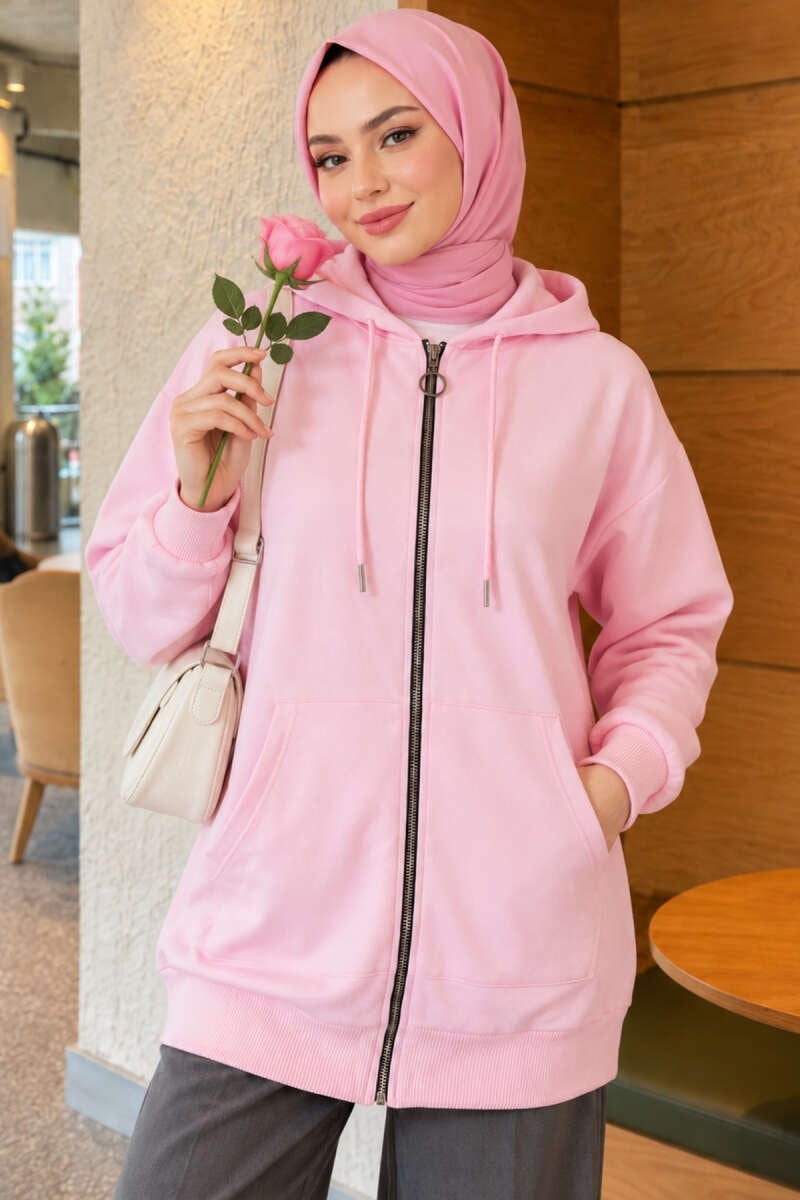 Fermuarlı Kanguru Cepli Hırka Pembe