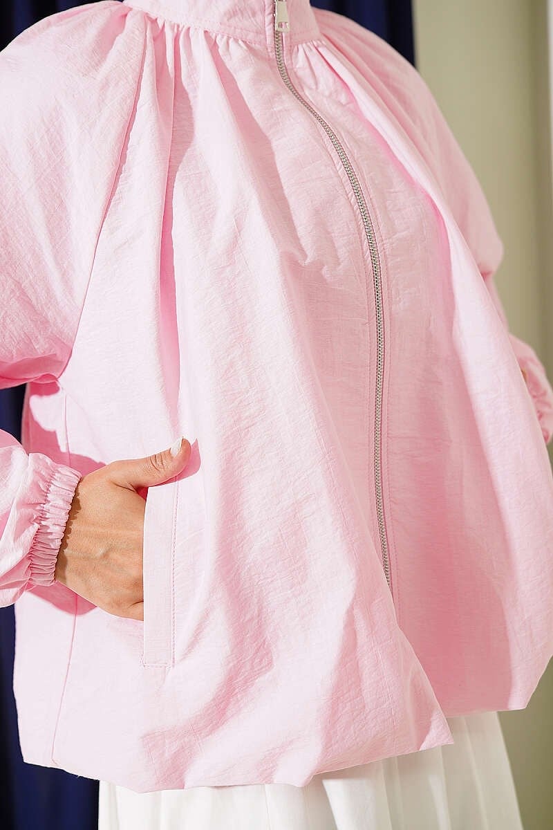 Fermuarlı Kısa Paraşüt Ceket Pembe