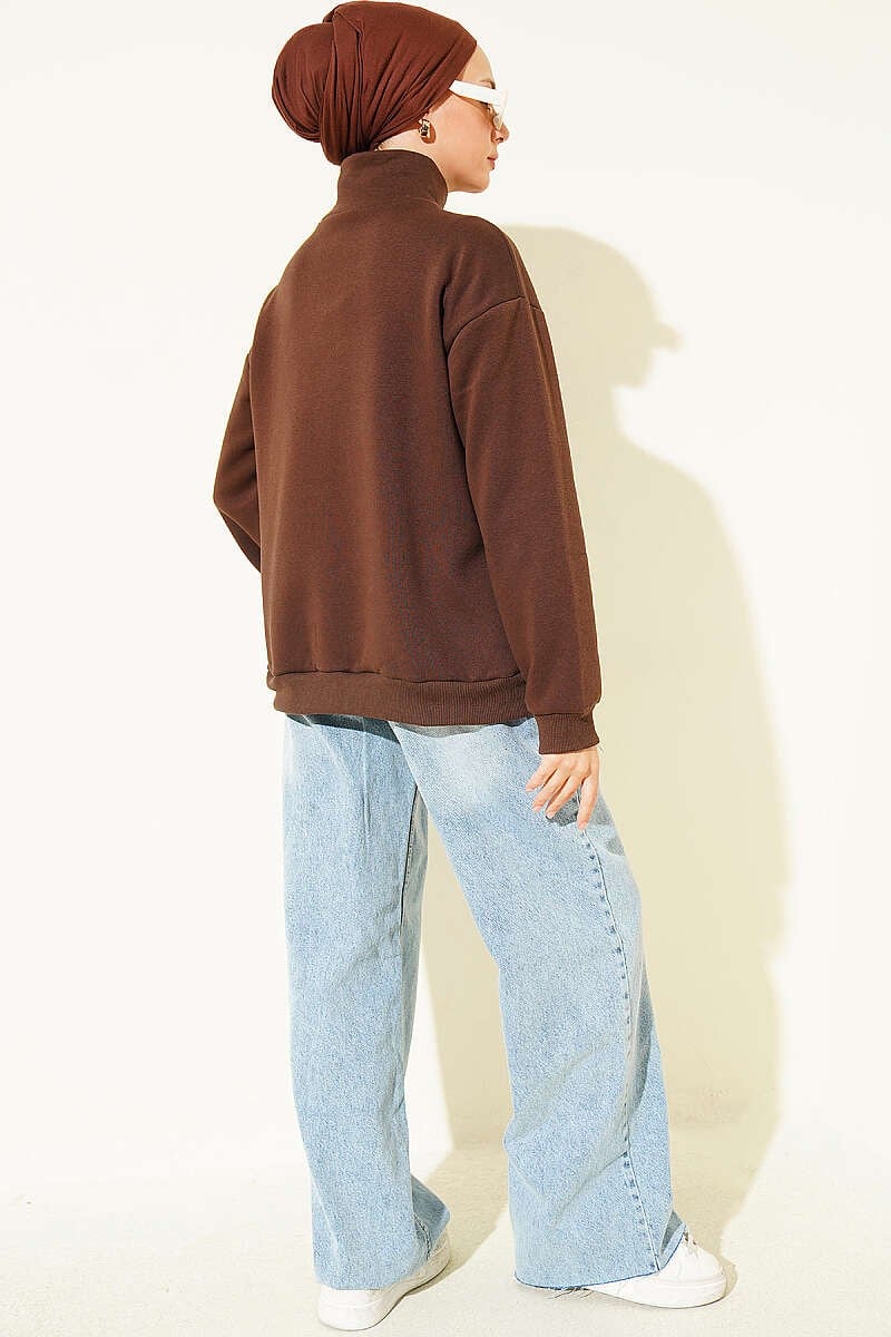 Fermuarlı Nyc Nakışlı Sweatshirt Kahve