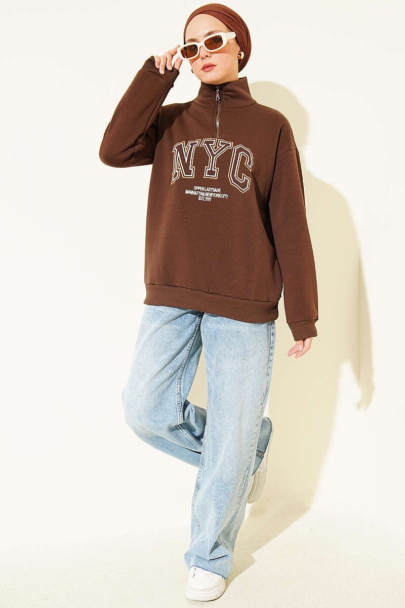 Fermuarlı Nyc Nakışlı Sweatshirt Kahve