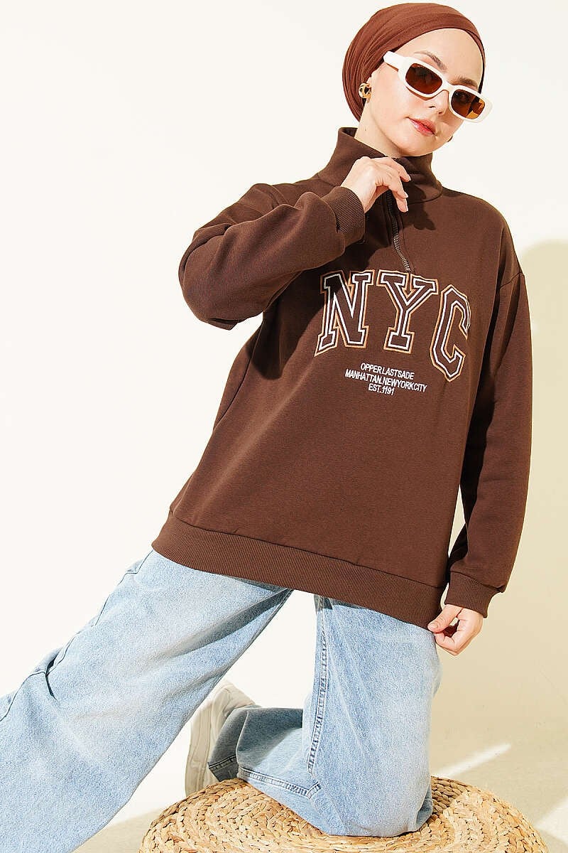 Fermuarlı Nyc Nakışlı Sweatshirt Kahve