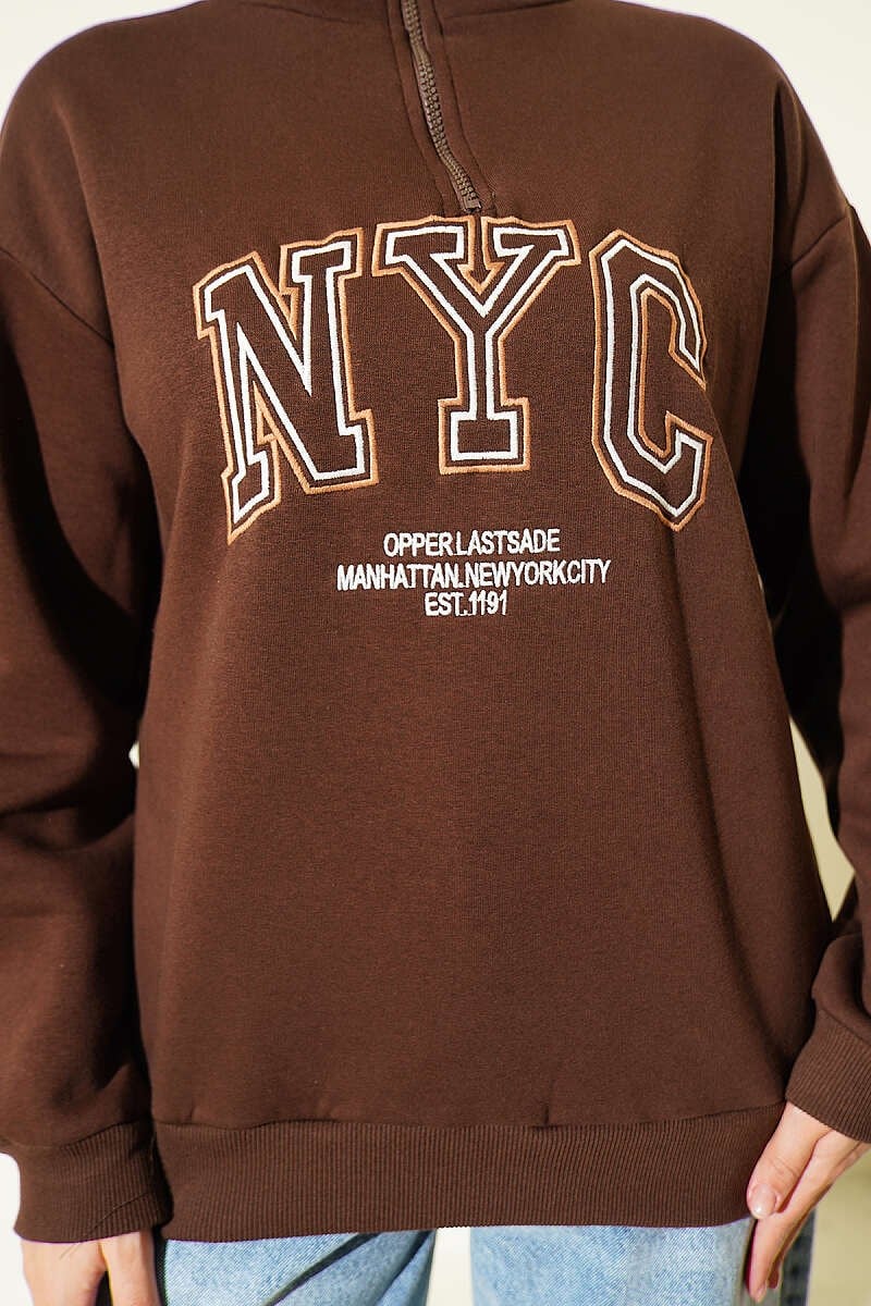 Fermuarlı Nyc Nakışlı Sweatshirt Kahve