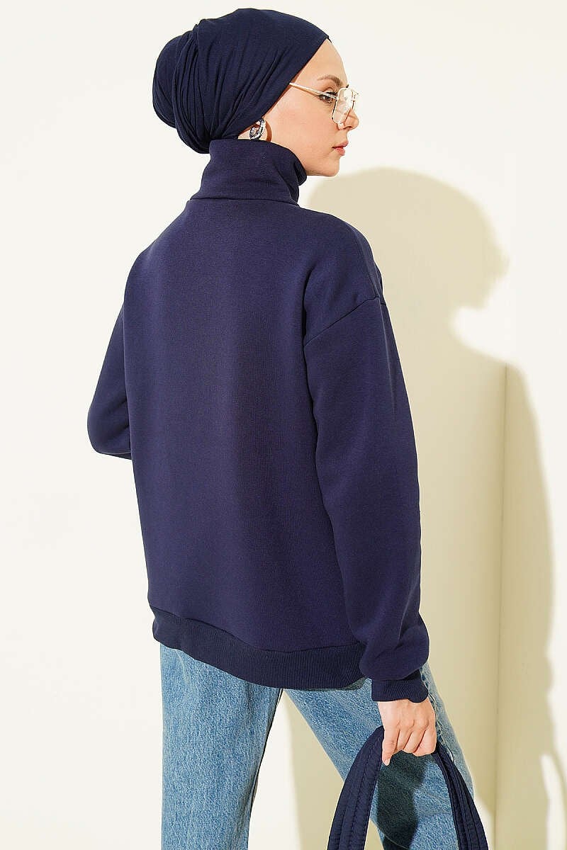 Fermuarlı Nyc Nakışlı Sweatshirt Lacivert