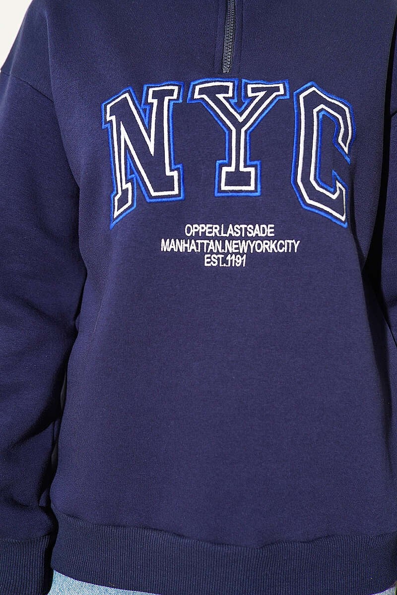 Fermuarlı Nyc Nakışlı Sweatshirt Lacivert