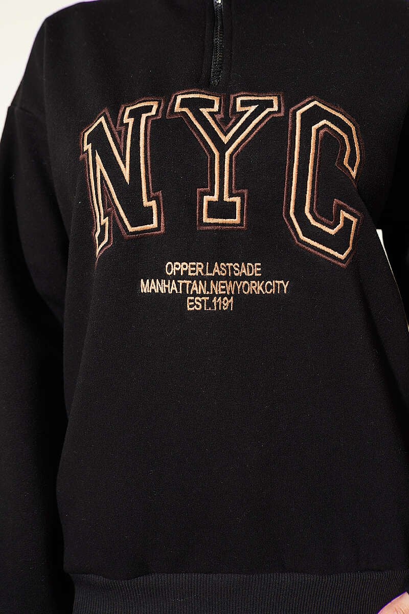 Fermuarlı Nyc Nakışlı Sweatshirt Siyah
