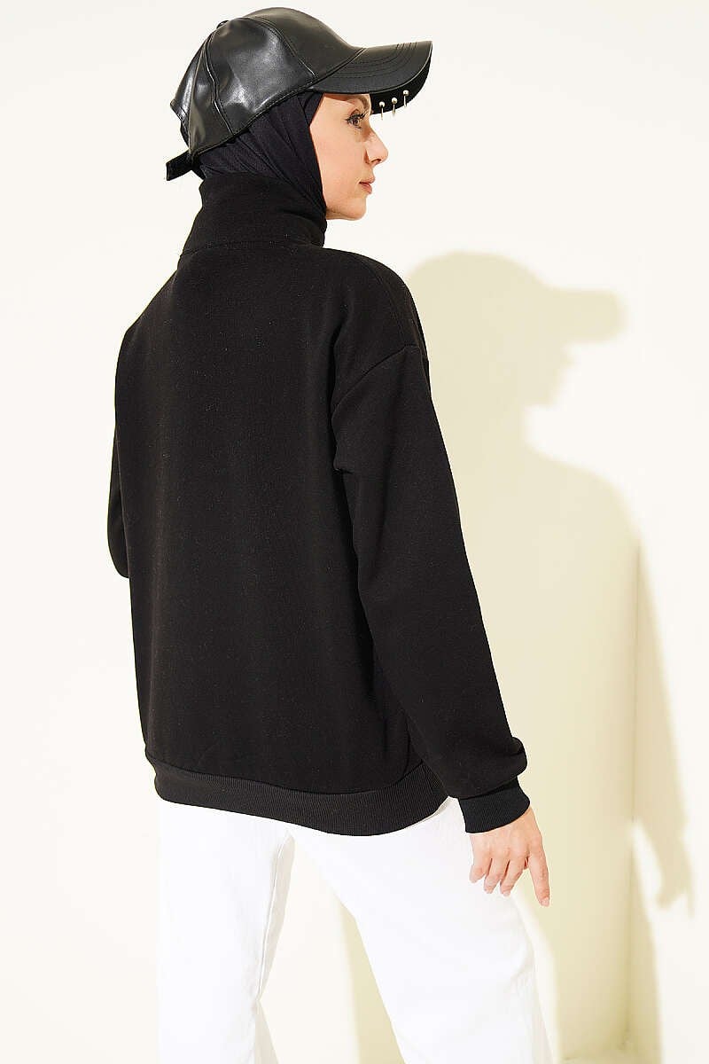 Fermuarlı Nyc Nakışlı Sweatshirt Siyah