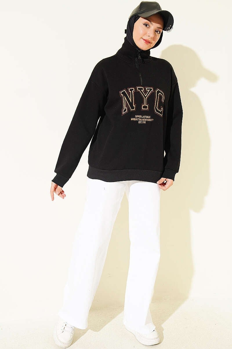 Fermuarlı Nyc Nakışlı Sweatshirt Siyah