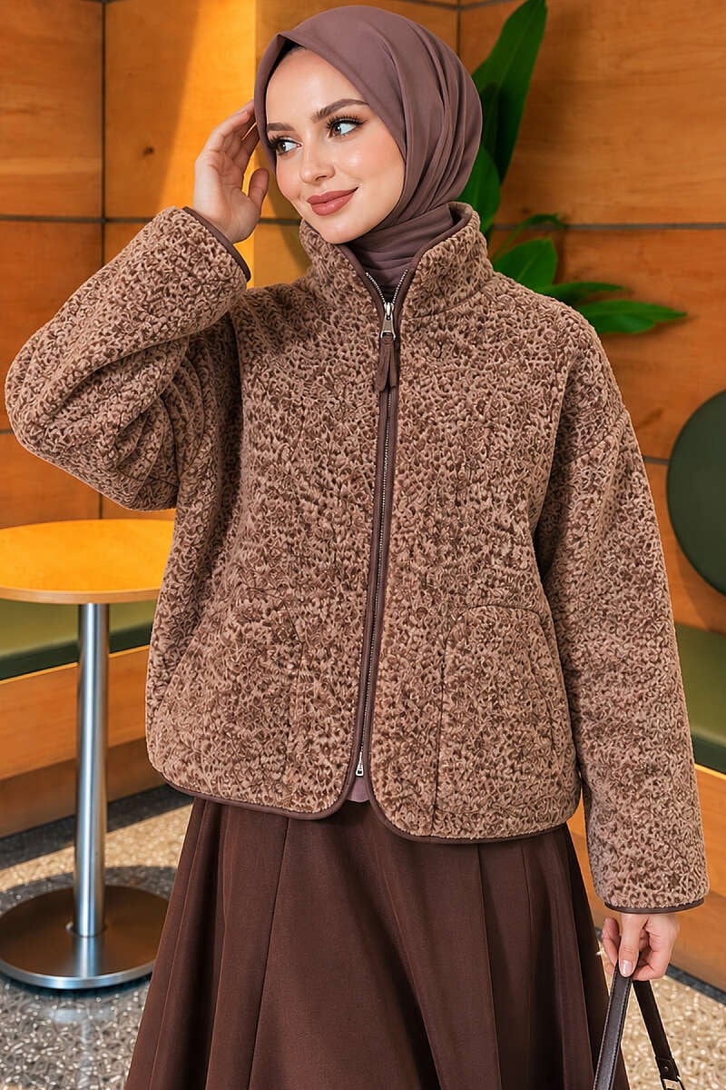 Fermuarlı Peluş Basic Hırka Vizon