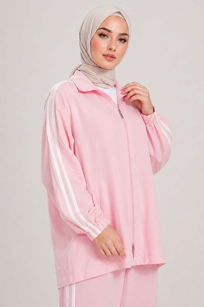 Fermuarlı Şerit Detaylı İkili Takım Pembe