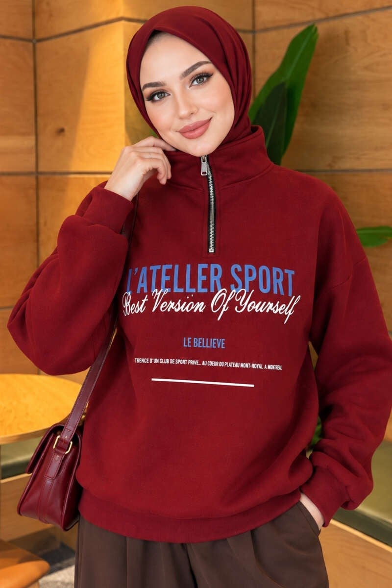 Fermuarlı Üç İplik Baskılı Sweatshirt Bordo