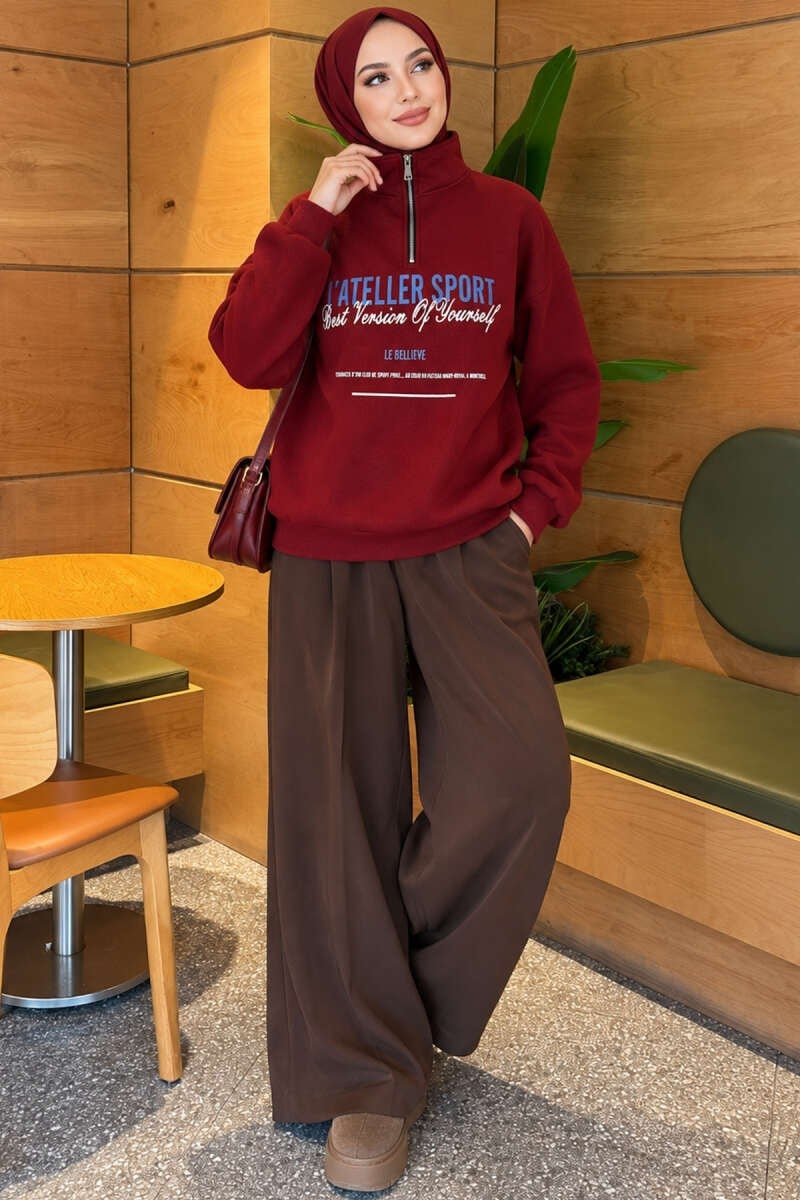 Fermuarlı Üç İplik Baskılı Sweatshirt Bordo
