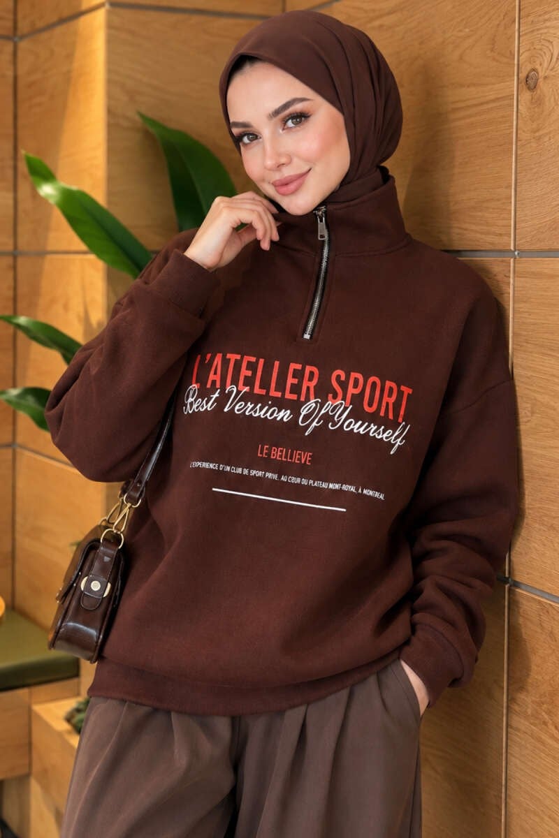 Fermuarlı Üç İplik Baskılı Sweatshirt Kahve