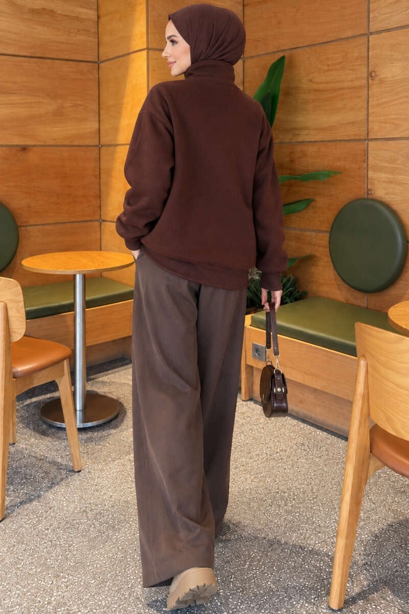 Fermuarlı Üç İplik Baskılı Sweatshirt Kahve