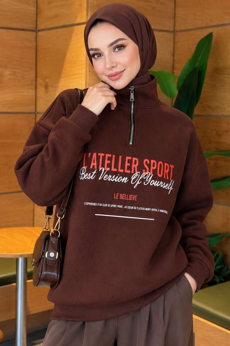 Fermuarlı Üç İplik Baskılı Sweatshirt Kahve