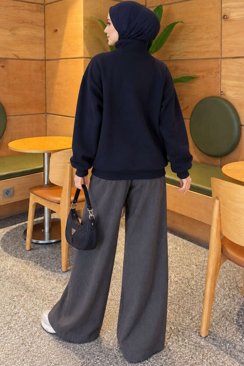 Fermuarlı Üç İplik Baskılı Sweatshirt Lacivert