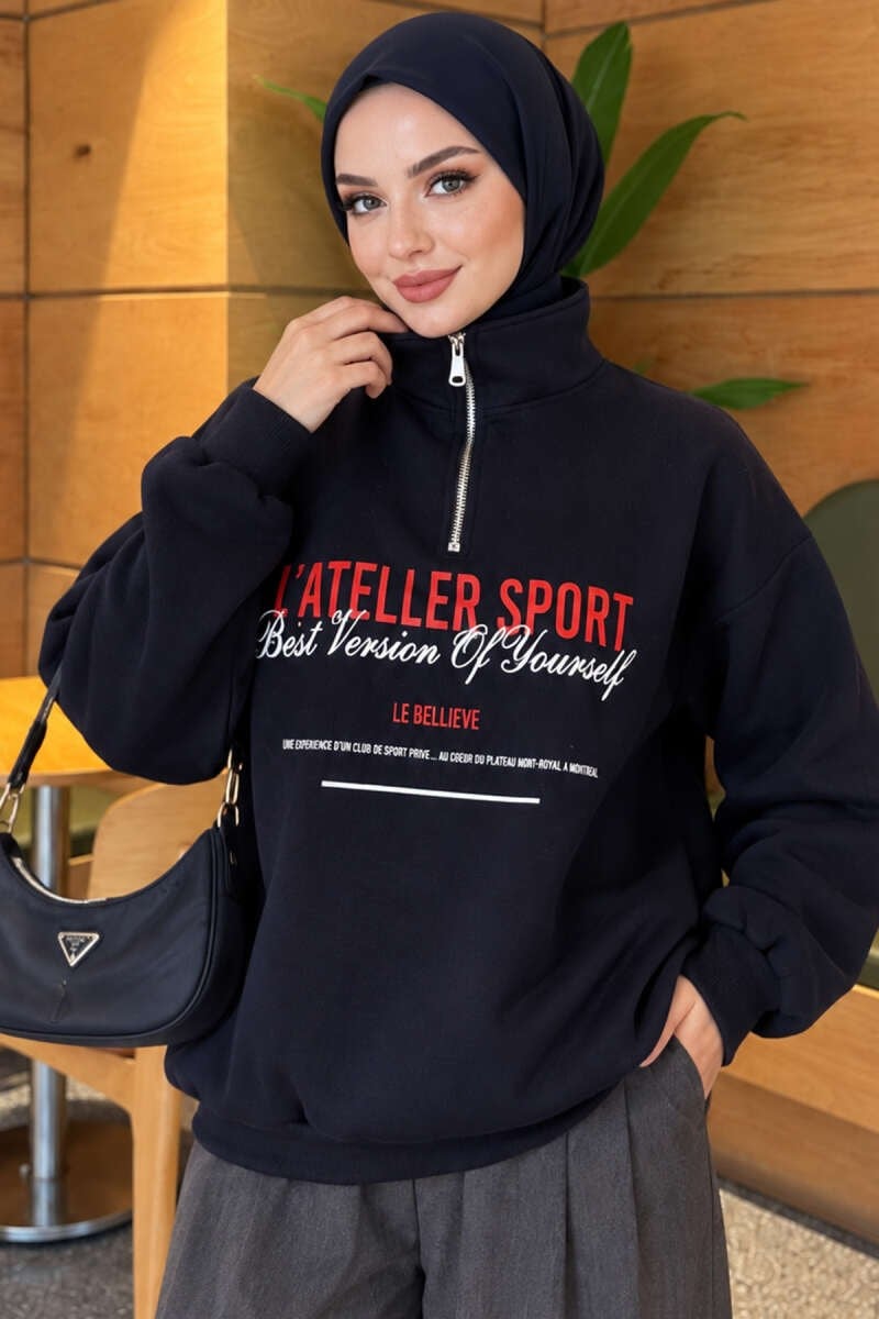 Fermuarlı Üç İplik Baskılı Sweatshirt Lacivert