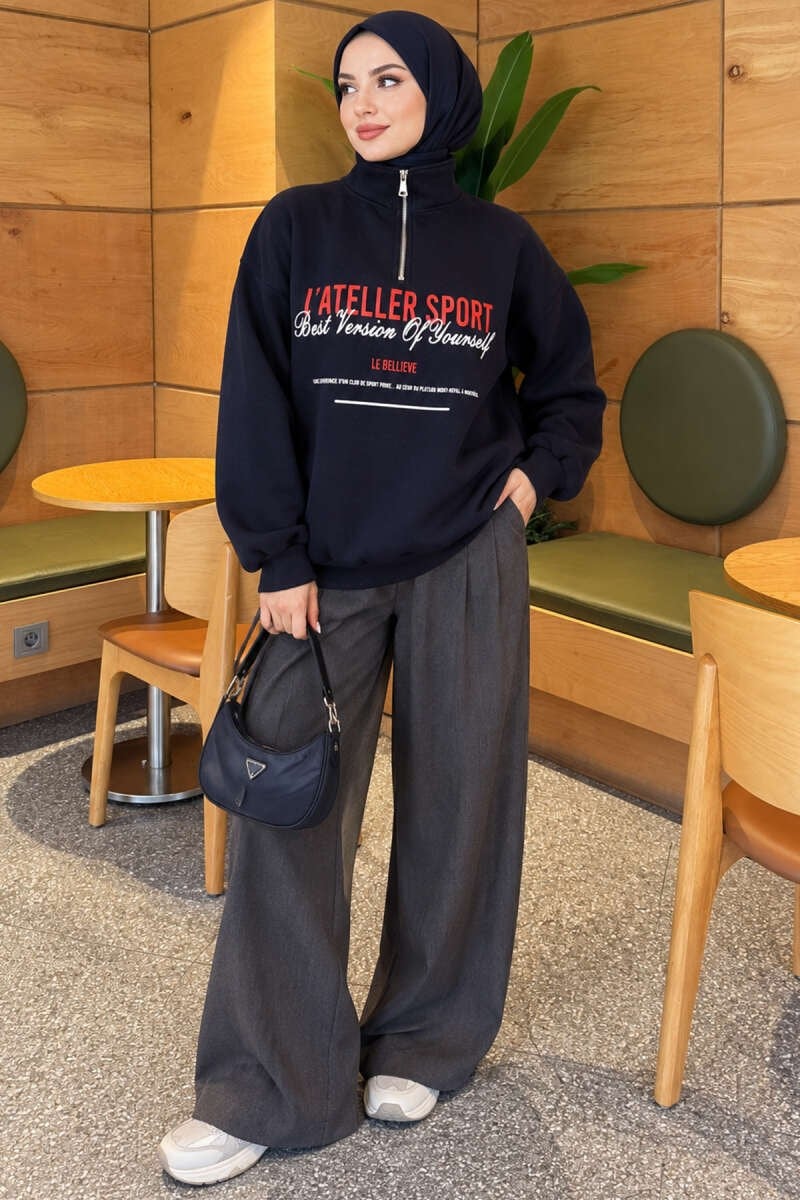 Fermuarlı Üç İplik Baskılı Sweatshirt Lacivert
