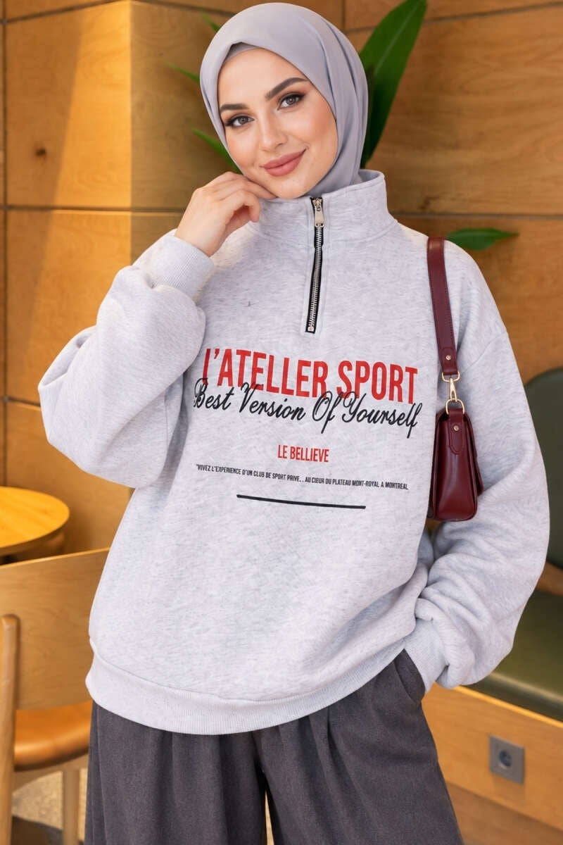 Fermuarlı Üç İplik Baskılı Sweatshirt Melanj Gri