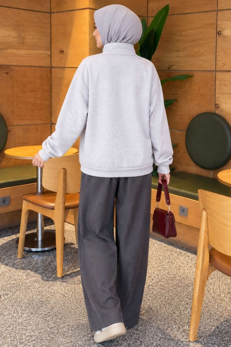Fermuarlı Üç İplik Baskılı Sweatshirt Melanj Gri