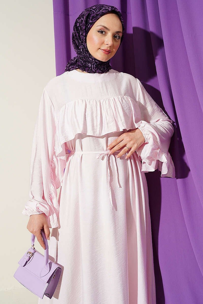Fırfır Şeritli İp Kuşaklı Elbise Pembe