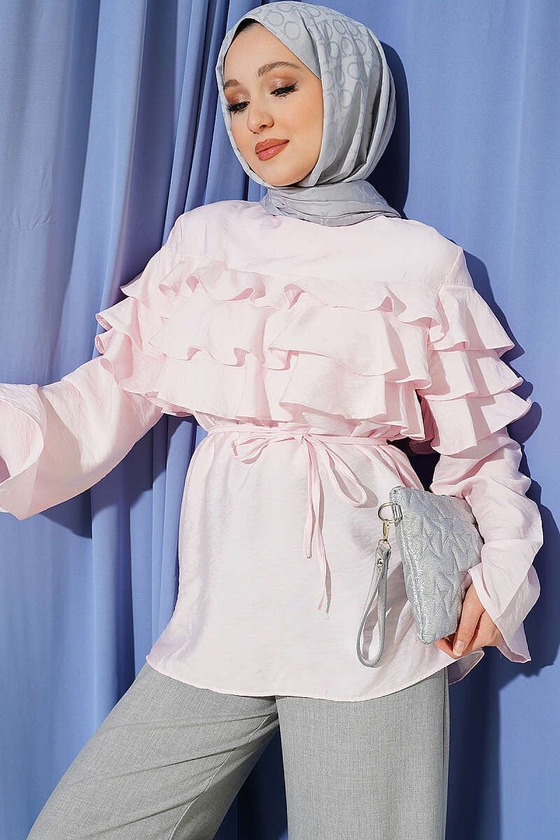 Fırfırlı İp Kuşaklı Tunik Pembe
