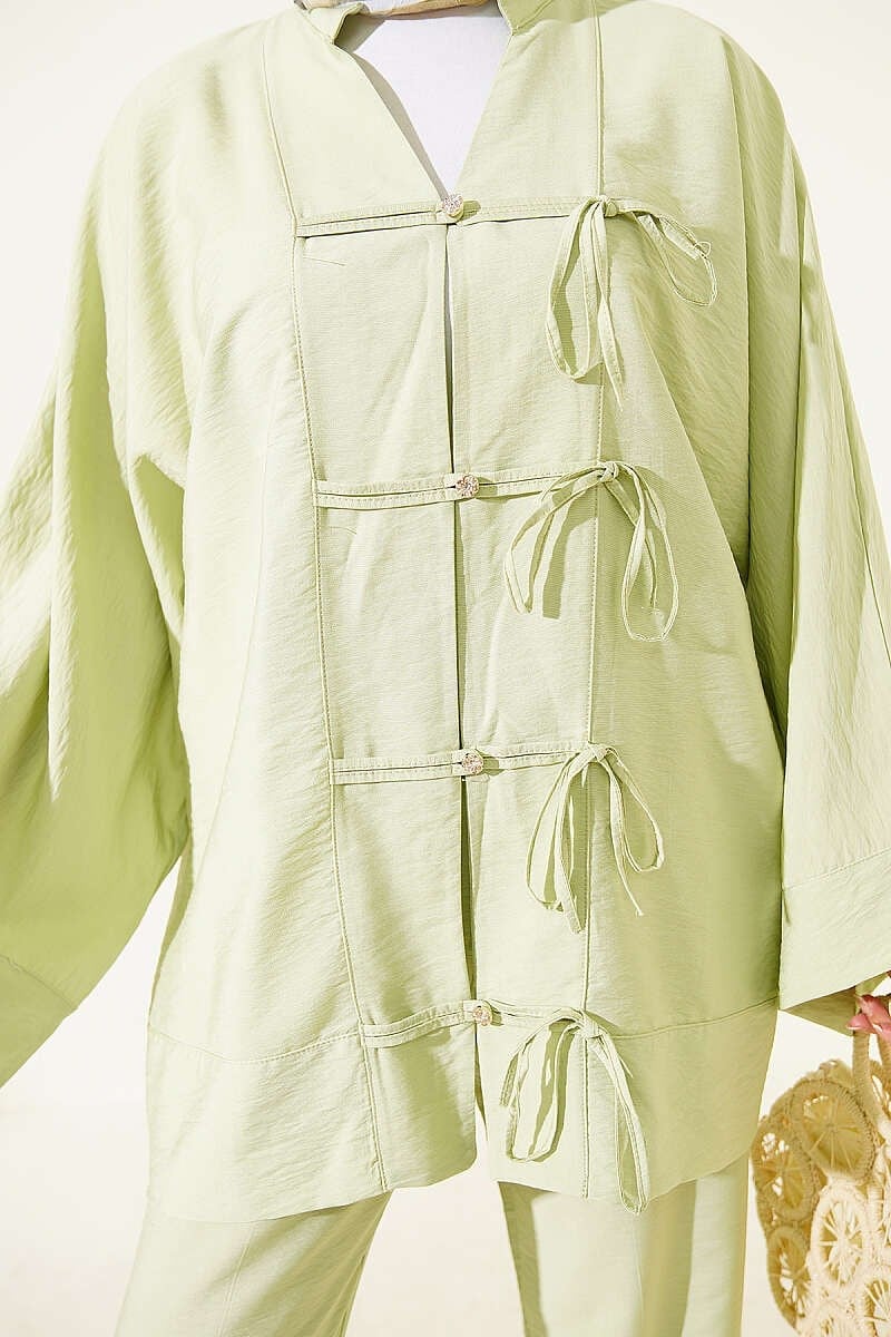 Fiyonk Detaylı Kimono İkili Takım Çağla Yeşili