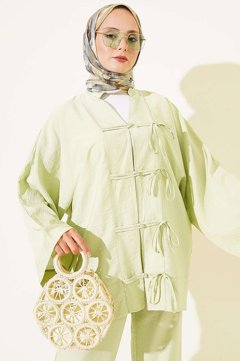 Fiyonk Detaylı Kimono İkili Takım Çağla Yeşili