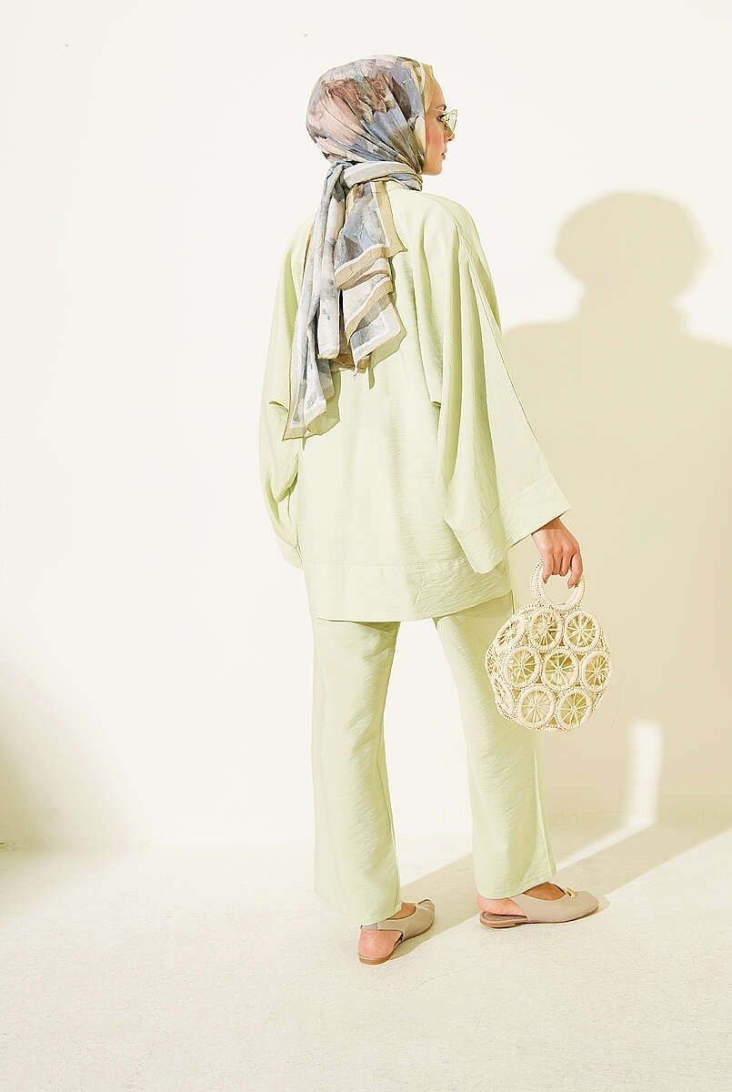 Fiyonk Detaylı Kimono İkili Takım Çağla Yeşili