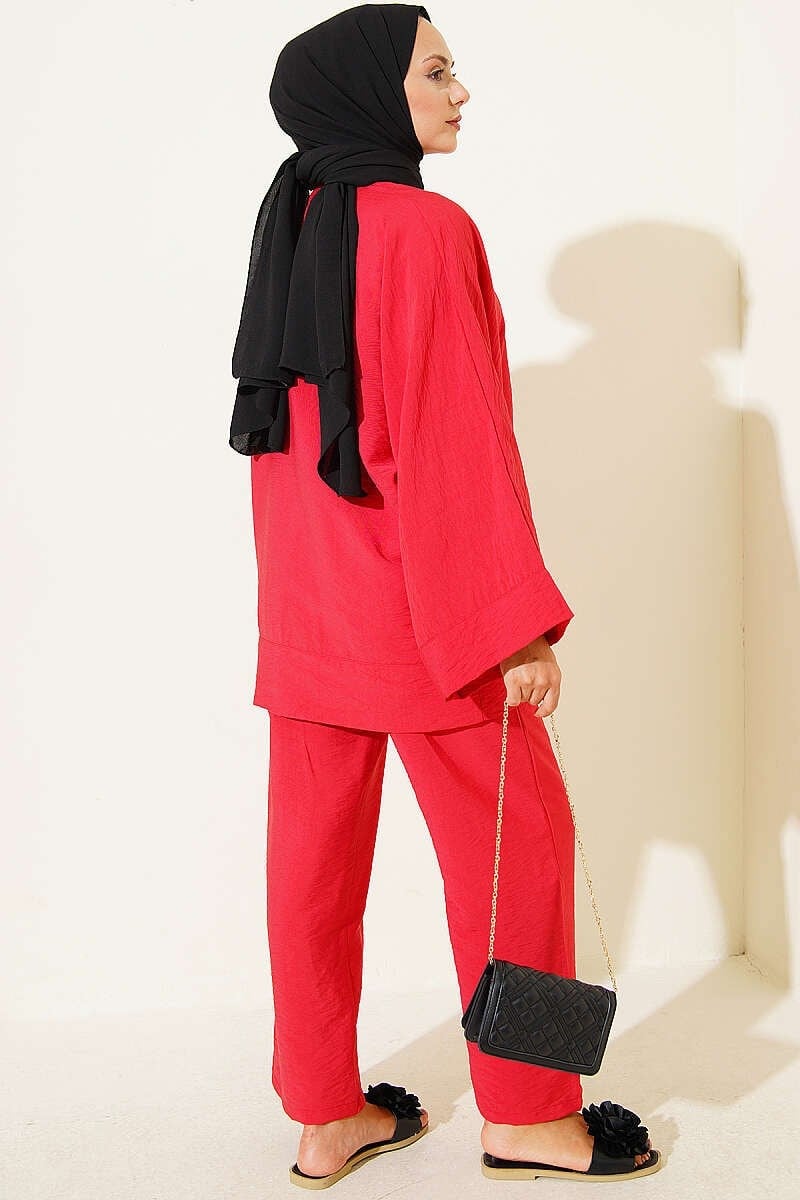 Fiyonk Detaylı Kimono İkili Takım Kırmızı