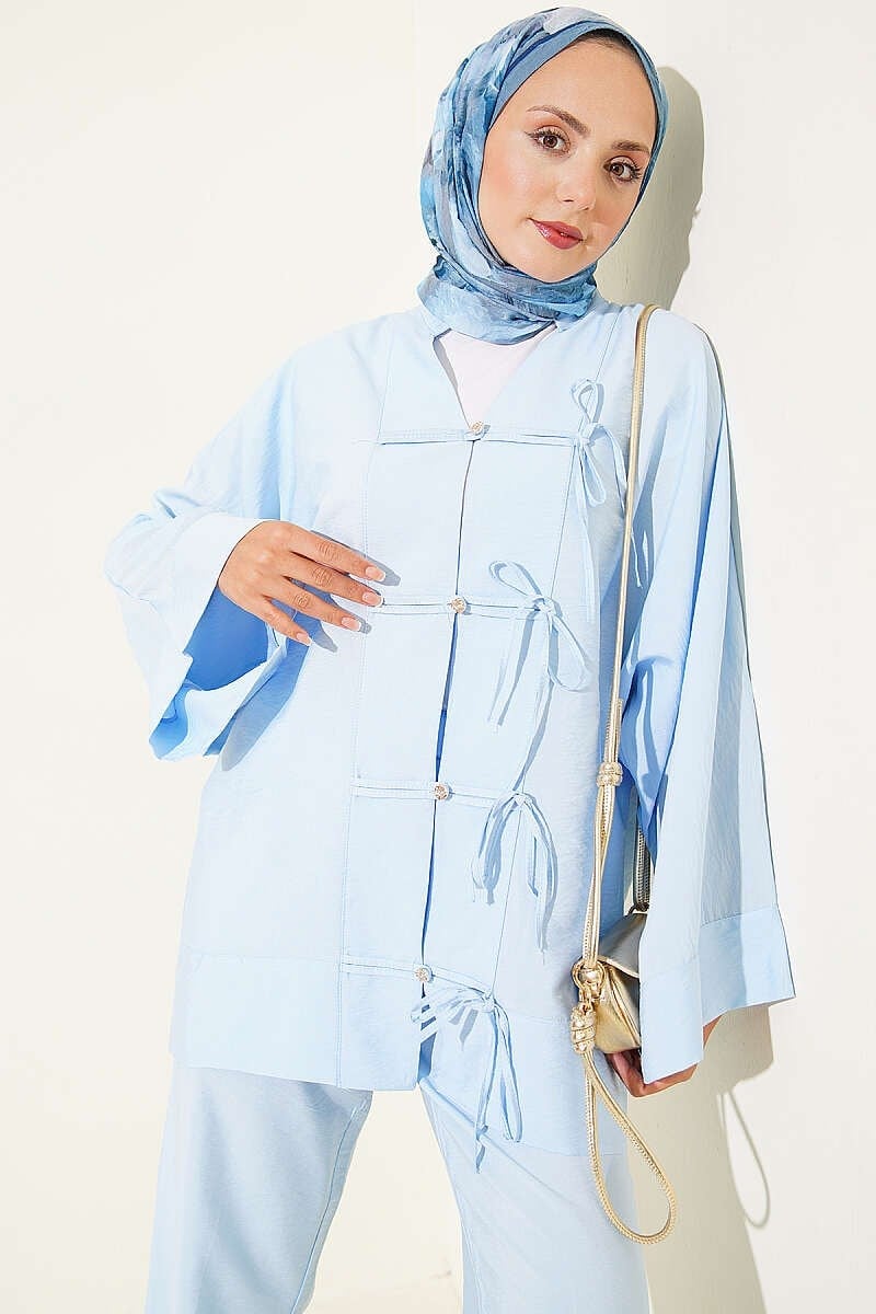 Fiyonk Detaylı Kimono İkili Takım Mavi
