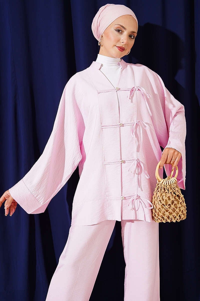 Fiyonk Detaylı Kimono İkili Takım Pembe