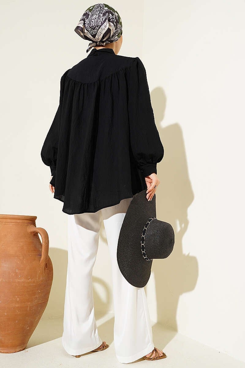 Fiyonk Detaylı Oversize Gömlek Siyah