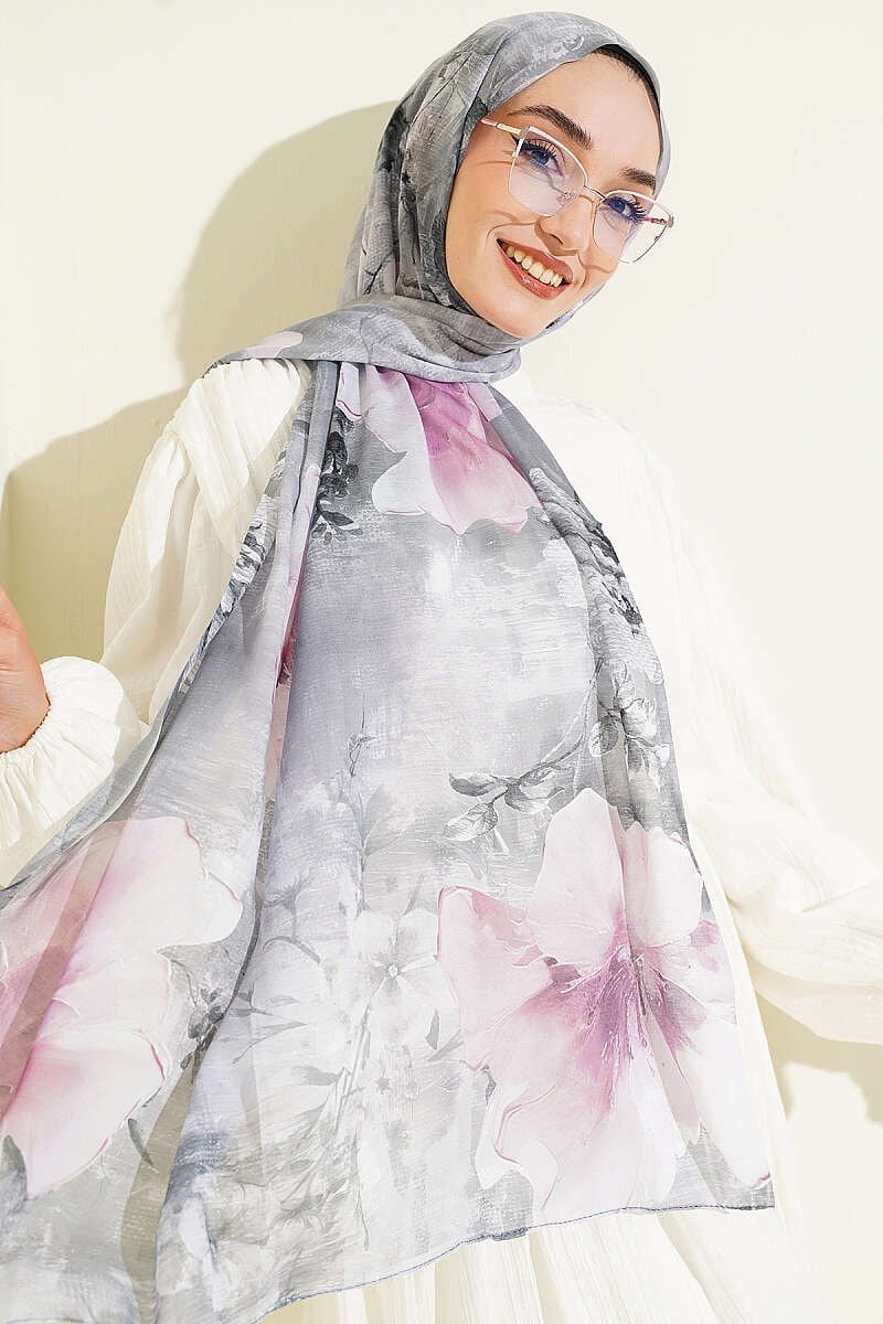 Flower Dijital Baskı Şal Gri